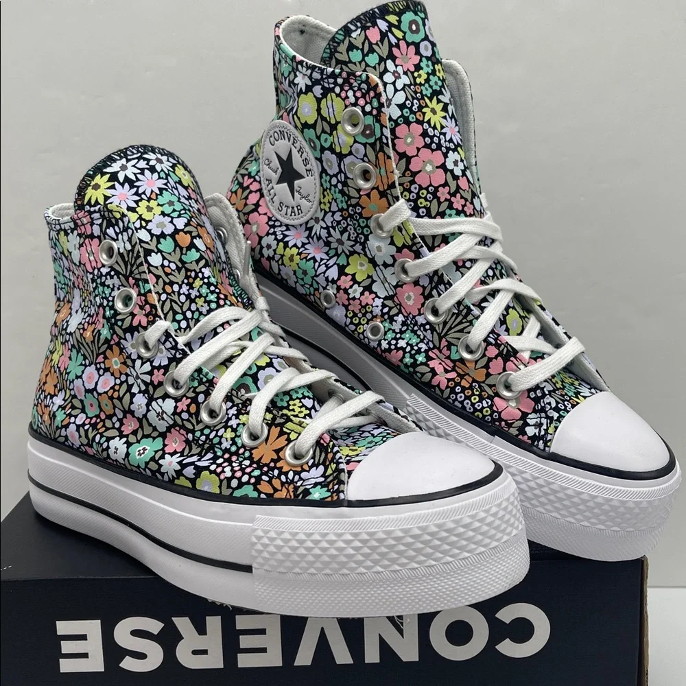 Converse Floral Platform High Top Sneakers - Black with Pastel Flowers
